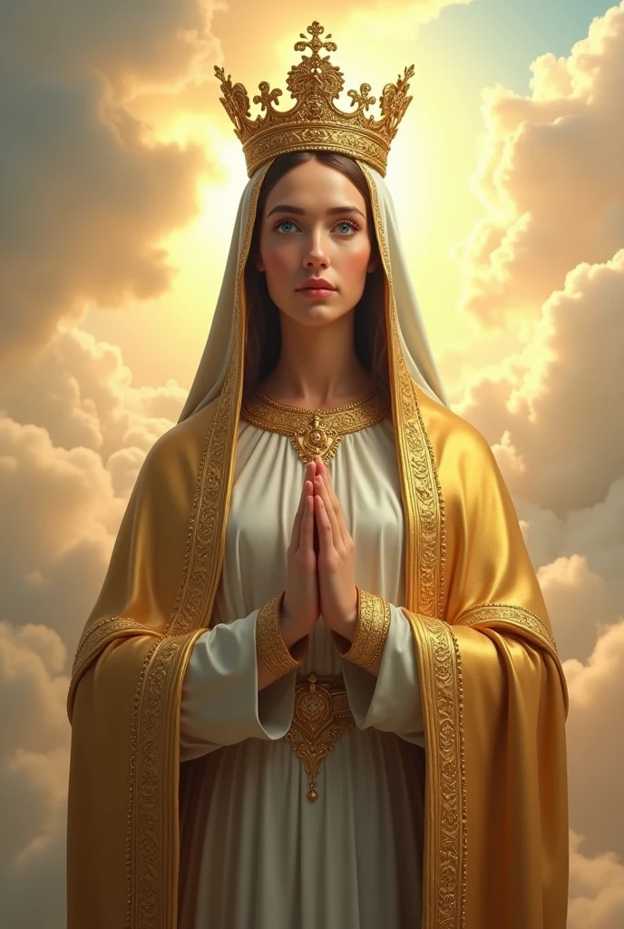 Perfect hand 5 finger, Portrait of a beautiful virgin mary wearing gold clothes of crown queen in the clouds, virgin mary, real blue eyes, sunny day, intricate details.real virgin mary, straight head face, Straight body.Prayer virgin mary, perfect full body, perfect hands finger,Prayer virgin mary, praying virgin mary backgrounds natural photographic