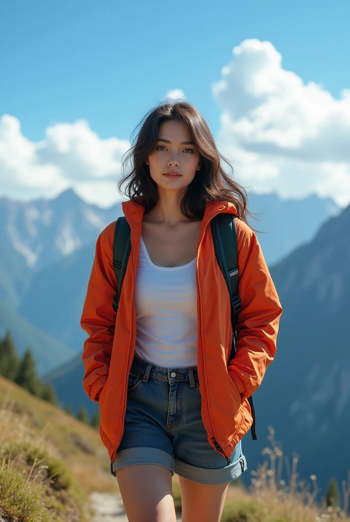 (Background, Magnificent mountain views, blue open sky, white clouds):1.3, (medium hari, dark brown hair), (top-quality, Photorealsitic:1.4, masterpiece:1.3, RAW Photography:1.2, cinematric light, very detailed illustration), (1woman:1.3, solo), (Mountain jacket, T-shirt, shortpants), (Carrying a backpack), (Walking along a mountain trail), (ultra delicate face, ultra Beautiful fece, ultra delicate eyes, ultra detailed nouse, ultra detailed mouth, ultra detailed facial features), woman, (medium breast:1.3), from the front side, skiny, lipgloss, Show cleavage