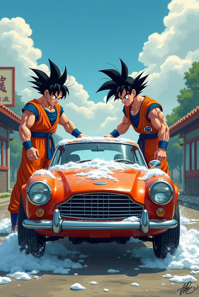 goku and vegeta washing a car