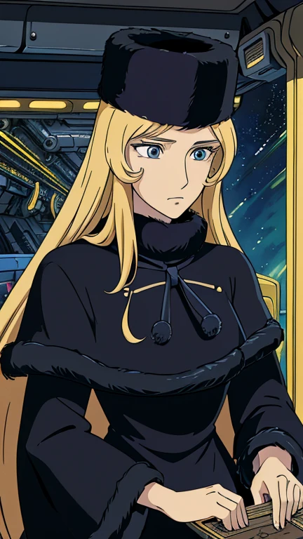 (Teens:1girl: maetel, long hair, blonde hair), (extremely detailed CG unit 8k wallpaper),(master part), (best quality), (ultra detail), (best illustration),(Spaceship bridge), cowboy shot, (Sharp eyeliner, ombre, detailed eyes:1), break , (ghibli style), upper body, fur trim, black headwear, fur hat, dress