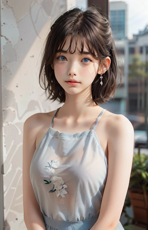 ((SFW: 1.4)),Purebred face_v1, ((Delicate face, Professional photography)), ((SFW, Super short hair, hair on the temples, blond, Large target, clear sky blue eyes, earrings, 1 girl)), Ultra-high resolution, (Practical: 1.4), RAW photos, best quality, (PhotoPractical Stick), Key Points, Soft Light, ((15 years old)), (( (Young face))), (surface), (Depth of Field), masterpiece, (Practical), Miss, Bangs, ((1 girl)), Naked see-through dress