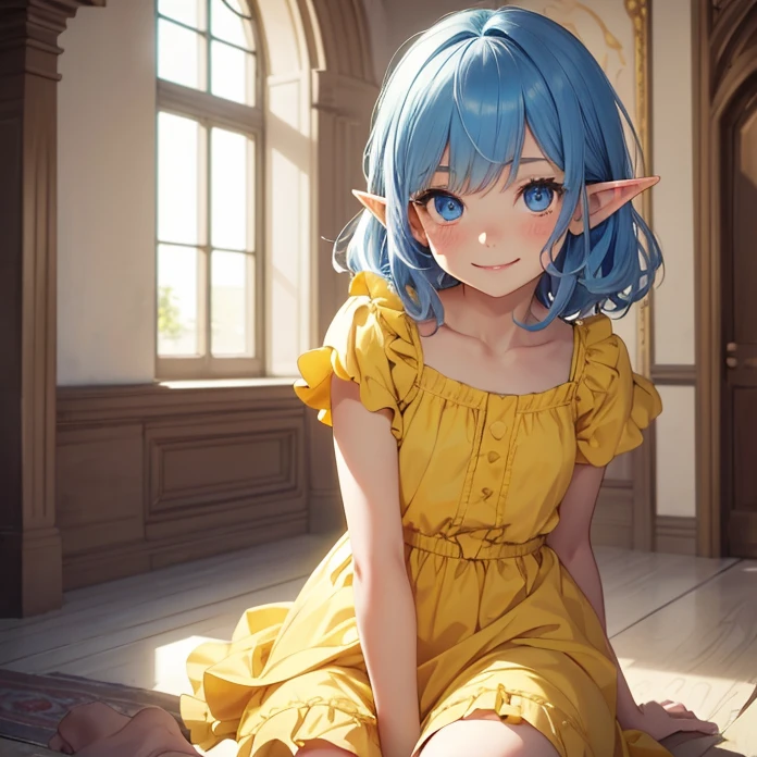 Absurdres, best high quality, high resolution, masterpiece, best quality, HD, solo character, simple background
{{ elf girl:, (pale, short thick messy blue hair, heterochromatic eyes, very thin lips, short body, flat chest, cute arms, cute legs), (wearing yellow little dress), (jumping, playing in the castle, beautiful kid, cute face, cheerful open smile, love, adorable, cheerful, innocent, pure), (royal castle on denmark, sunny day, wonderful morning)}}