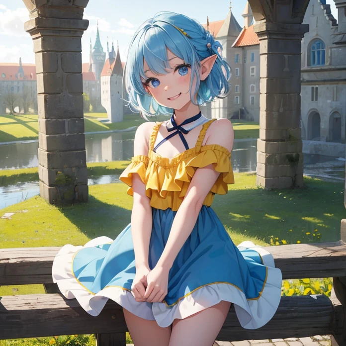 Absurdres, best high quality, high resolution, masterpiece, best quality, HD, solo character, simple background
{{ elf girl:, (pale, short thick messy blue hair, heterochromatic eyes, very thin lips, short body, flat chest, cute arms, cute legs), (wearing yellow little dress), (jumping, playing in the castle, beautiful kid, cute face, cheerful open smile, love, adorable, cheerful, innocent, pure), (royal castle on denmark, sunny day, wonderful morning)}}