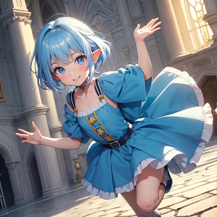 Absurdres, best high quality, high resolution, masterpiece, best quality, HD, solo character, simple background
{{8 years old elf girl:, (pale, short thick messy blue hair, heterochromatic eyes, very thin lips, short body, flat chest, cute arms, cute legs), (wearing yellow little dress), (jumping, playing in the castle, beautiful , cute face, cheerful open smile, love, adorable, cheerful, innocent, pure), (royal castle on denmark, sunny day, wonderful morning)}}