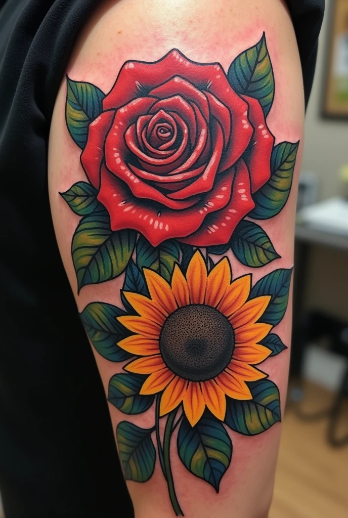 Tattoo of a rose and a sunflower together but with a gangster style 