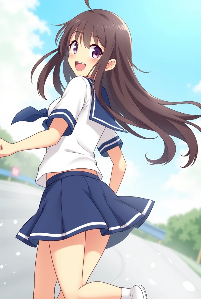 A girl with long hair wearing a sailor uniform turns around with a smile、「I&#39;ll be waiting」Saying this, he runs past energetically in the opposite direction.