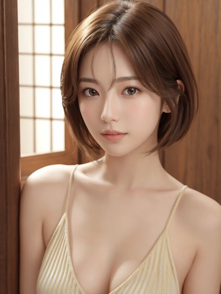 masterpiece、Highest quality、High resolution、Tabletop、wallpaper、Realistic、Bright lighting、Professional Lighting、Face Light、Smooth lighting、Japanese women、Adult、Beautiful woman、action、gravure、sexy、poor、so beautiful、Beautiful Skin、Beautiful and detailed、Detailed face、slim、moderately、short hair、Brunette Hair、Brown eyes、Looking at the camera、