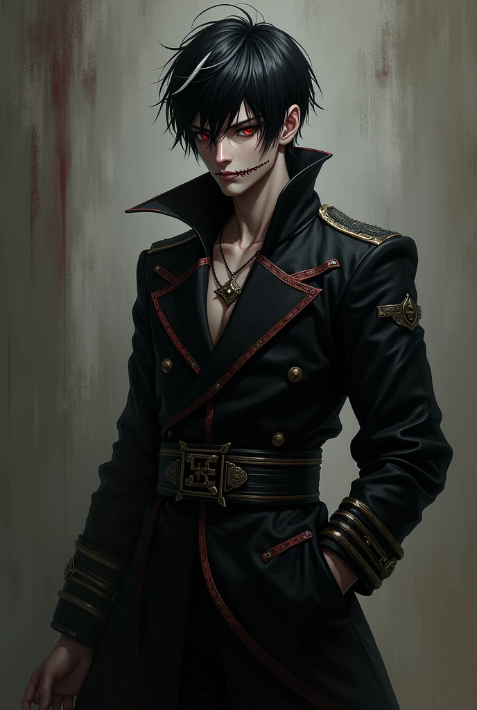 A man with short black hair with white highlights, 1,85 tall, Eyes red, a scar in the mouth, full length sleeve style