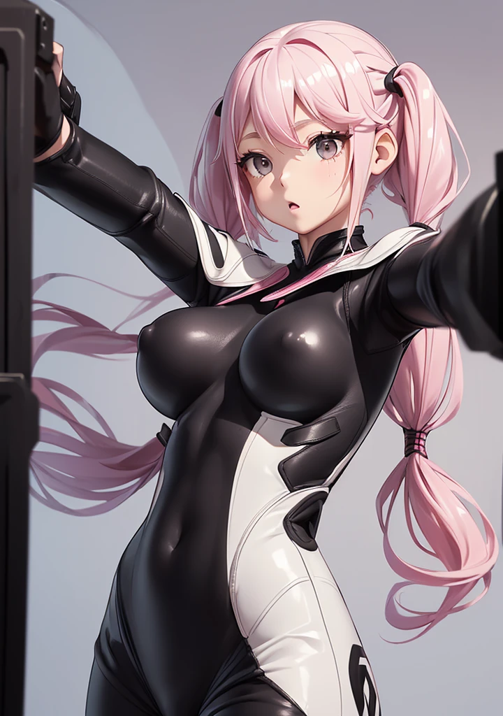 ((Upper body photo))、Cute face、Pink Hair、Long Hair、Twin tails、White skin、((Shooting from the front:1.5 ))、((Tight black leather suit:1.5)), ((Big Breasts)), Pointed nipples, masterpiece