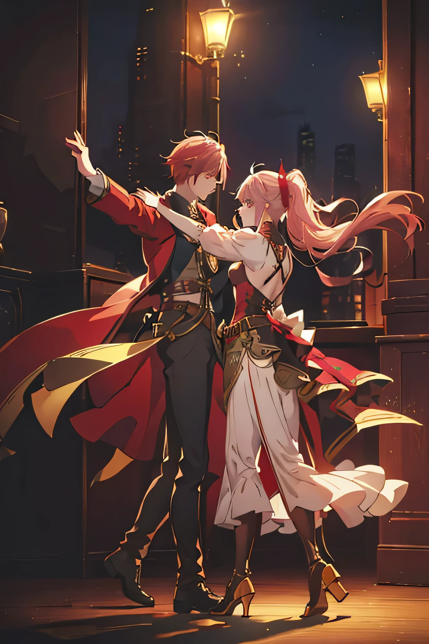 A girl dances with a boy. Rose gold hair. The young man has long hair pulled back into a high ponytail.. Scarlet eyes. Fantasy Clothing. trousers. steampunk.