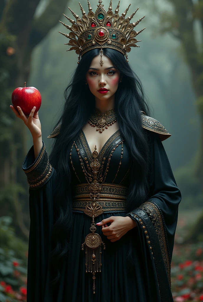Buddha,Black long hair，Black raja，accessories，Apple in hand，Poison apples，Witch Queen，Red lipstick