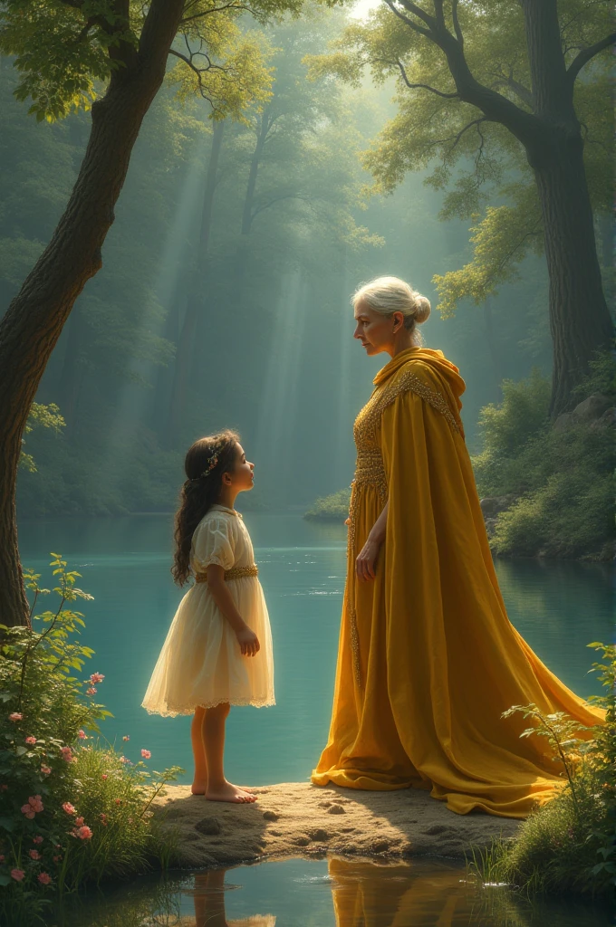 A lake in a forest where there is a girl and an old woman with a golden cape