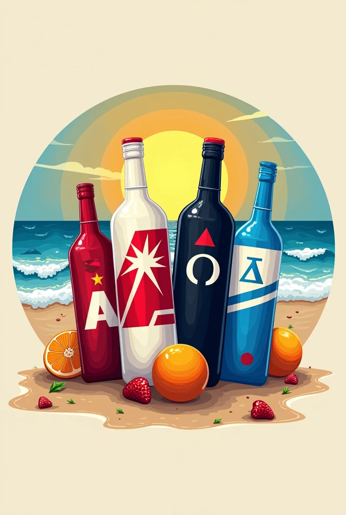 Make me a logo for a competition called “ALCOHOLYMPICS 2024”. The teams are Alpha (White color), beta (Red color) omega (black color) and gamma (color blue). That the logo contains the signs of the four teams in their respective colors, that has bottles of alcohol and that the beach can be seen in the background