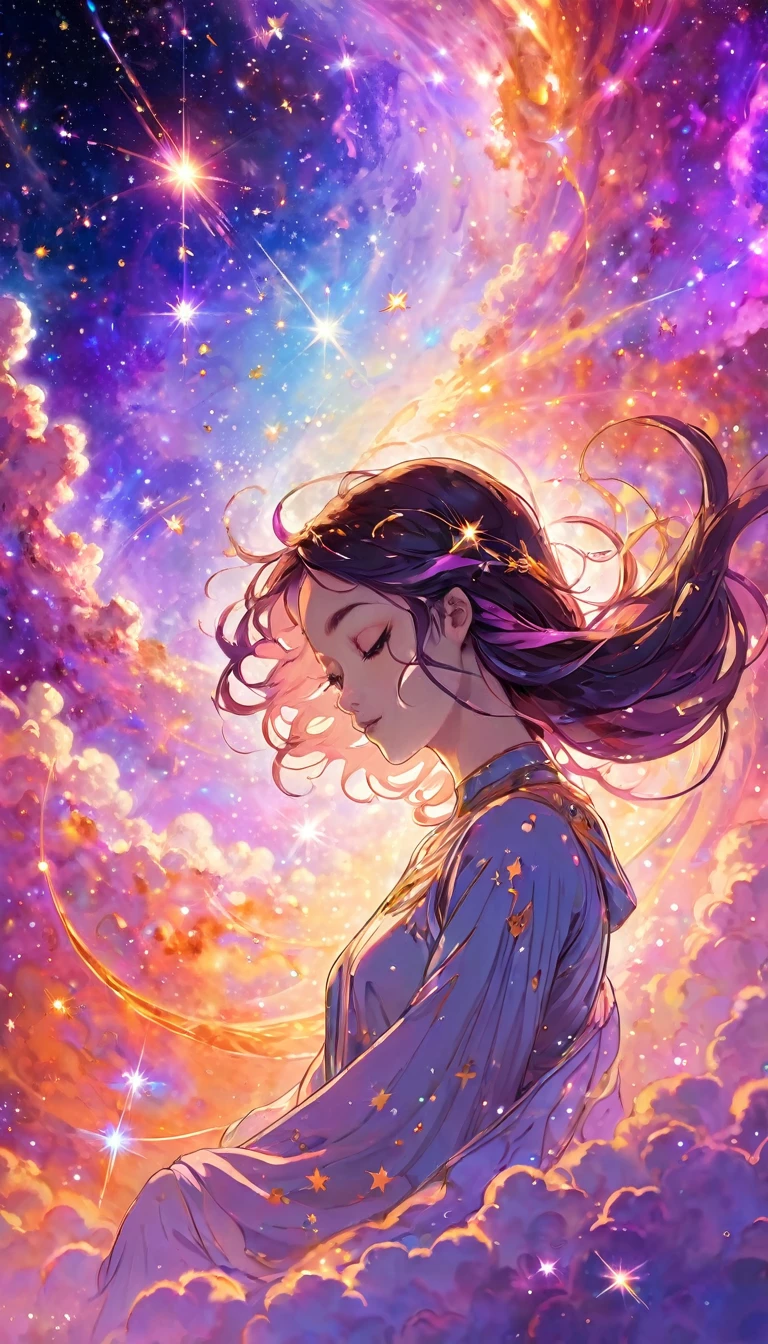 A beautiful woman floating in a vast cosmic space, surrounded by shimmering galaxies and nebulae. She is at the center of the universe, bathed in gentle shades of pink, orange, and soft purple. She radiates relaxation, the light of love permeating her entire being, and a profound sense of inner peace.
The feeling of discovery and transcendence, an infinity symbol with shooting stars in the background.