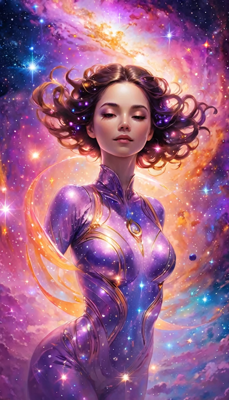 A beautiful woman floating in a vast cosmic space, surrounded by shimmering galaxies and nebulae. She is at the center of the universe, bathed in gentle shades of pink, orange, and soft purple. She radiates relaxation, the light of love permeating her entire being, and a profound sense of inner peace.
The feeling of discovery and transcendence, an infinity symbol with shooting stars in the background.