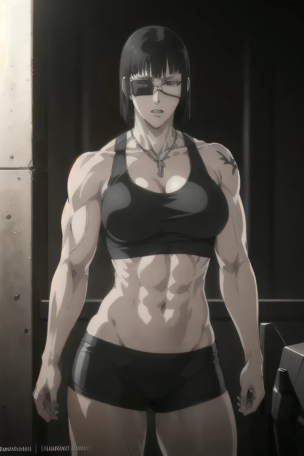 best quality,ultra-detailed,realistic:1.37),musclaur badass girl with sculpted body with preview her musclaur body and six-pack, full review of the female character's face and body, intense expression, strong and confident posture, studio lighting, vivid colors, physiologically-based rendering, grungy texture, rugged background, dust particles in the air, commanding presence, professional, powerful, gritty aesthetics,,Valmet،short hair,necklace,Light reflection on shoulders,clean muscles،wearing gray underwear and gray gym tank top,tattoos on shoulders،workouts( girl solo),eyepatch,Shining muscles,eyes detailing,fat free body,veins in muscles,penis growth inside underwear