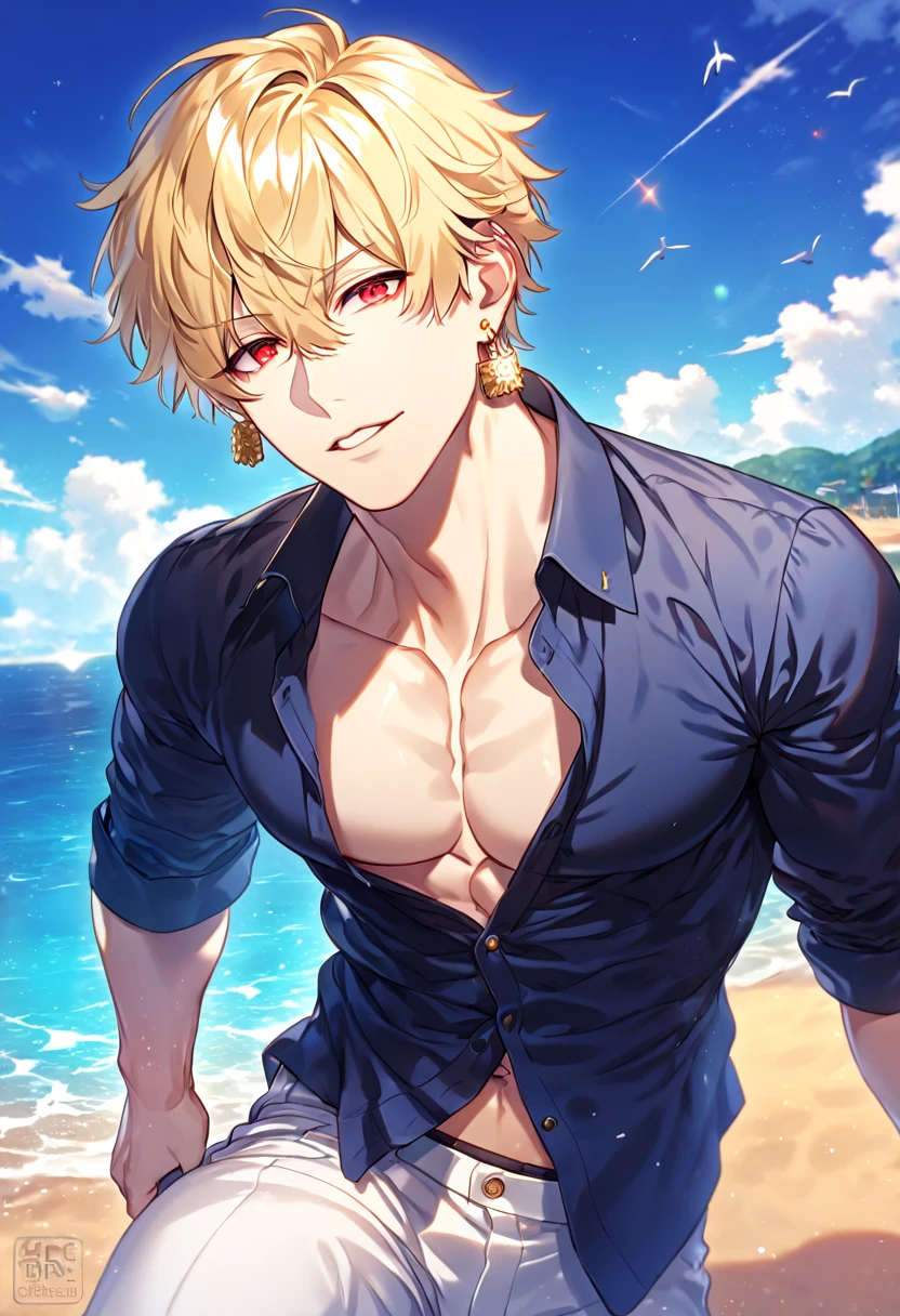 absurdres, highres, ultra detailed, HDR, master piece, best quality, detailed eyes, extremely detailed, delicated features, Gilgamesh, blonde hair, expressive red eyes, Fate Grand Order, solo, sexy man, handsome, manly man, sensual, dark blue shirt, unbuttoned shirt, white pants, golden earrings, fantasy, sea, beach, blue sky