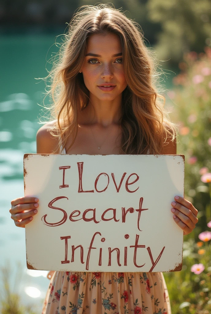 Beautiful girl with wavy long hair, bohemian dress, holding a white board with text "I Love Seaart Infinity" and showing it to the viewer
