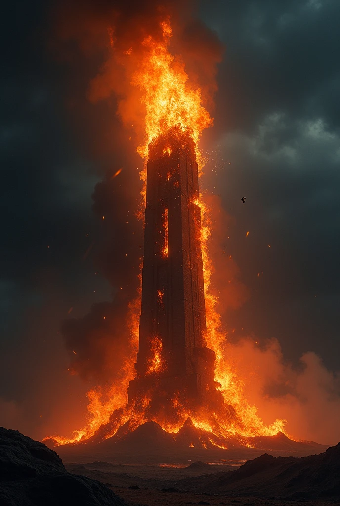 A tower on fire in a dark background