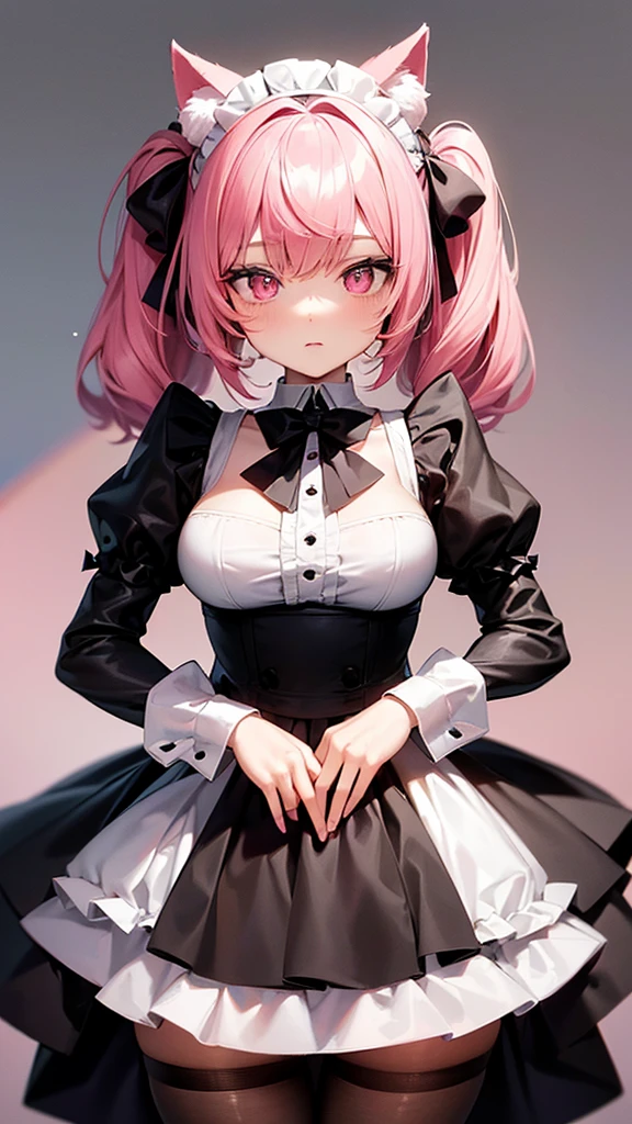(Highest quality,High resolution,Very detailed,girl)black tights,Pink Hair,Twin tails and short hair,Height: 160cm,cute,Big Breasts,Pink Eyes,Wearing maid uniform,Her eyes are white and shining,Has bright white eyes,The chest is exposed,Has a shy look,Cat ears grow