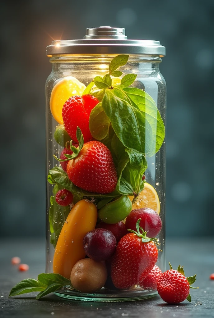 create an image where there is a battery full of healthy food and another discharged with junk food