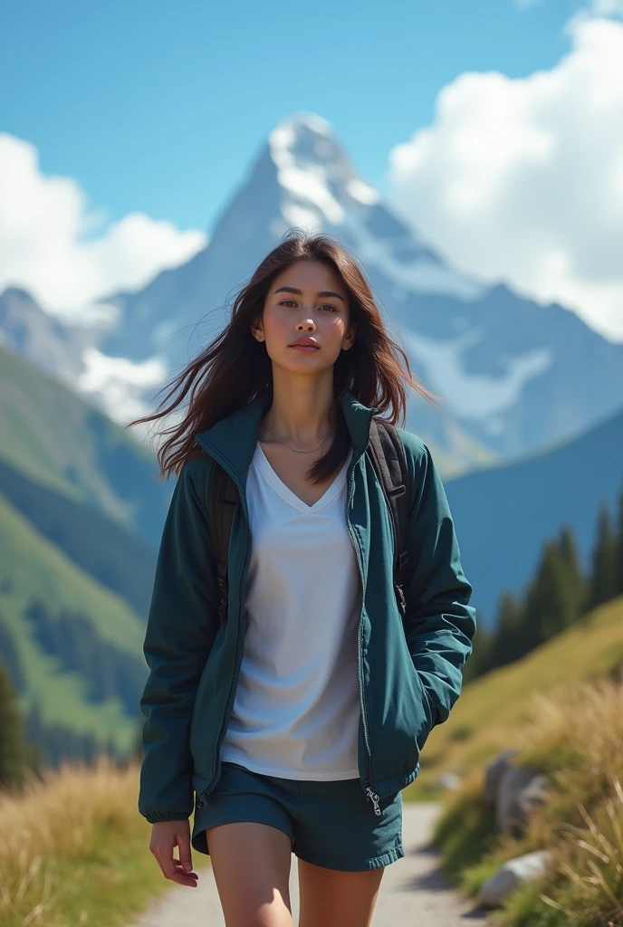 (Background, Magnificent mountain views, blue open sky, white clouds):1.3, (medium hari, dark brown hair), (top-quality, Photorealsitic:1.4, masterpiece:1.3, RAW Photography:1.2, cinematric light, very detailed illustration), (1woman:1.3, solo), (Mountain jacket, T-shirt, shortpants), (Carrying a backpack), (Walking along a mountain trail), (ultra delicate face, ultra Beautiful fece, ultra delicate eyes, ultra detailed nouse, ultra detailed mouth, ultra detailed facial features), woman, (medium breast:1.3), from the front side, skiny, lipgloss, Show cleavage