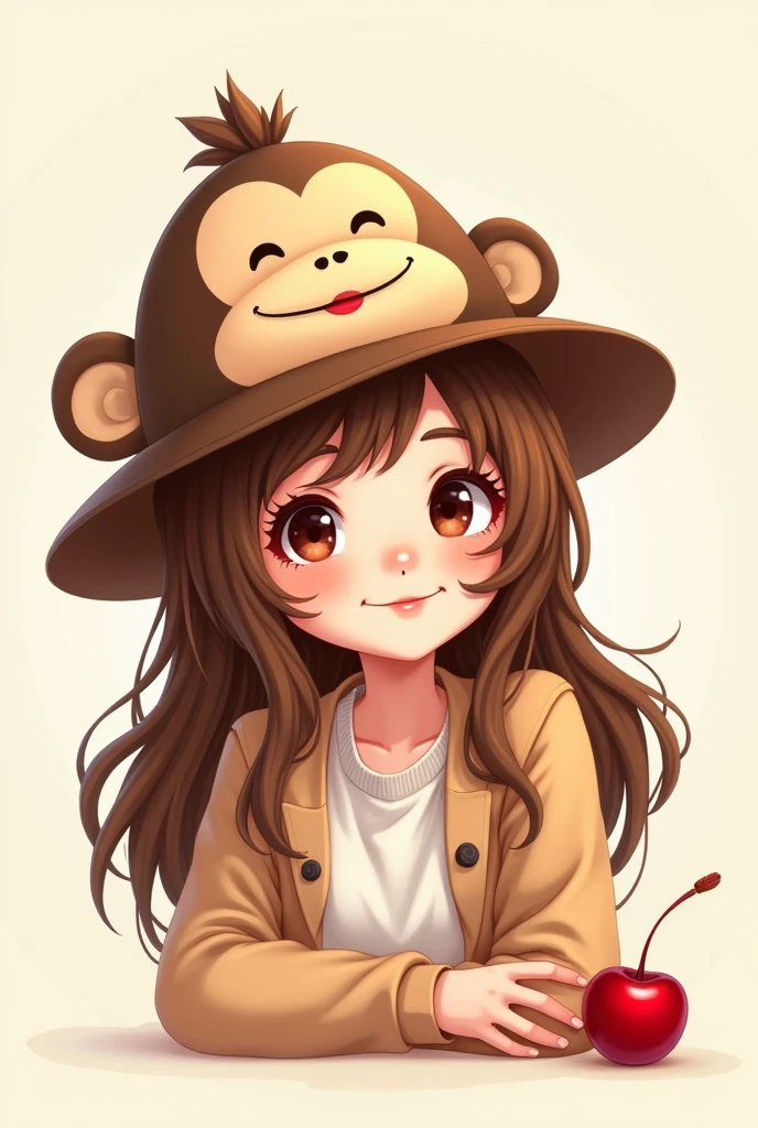 Cute illustration of a pretty teenager with brown hair and a monkey hat, with a cherry
