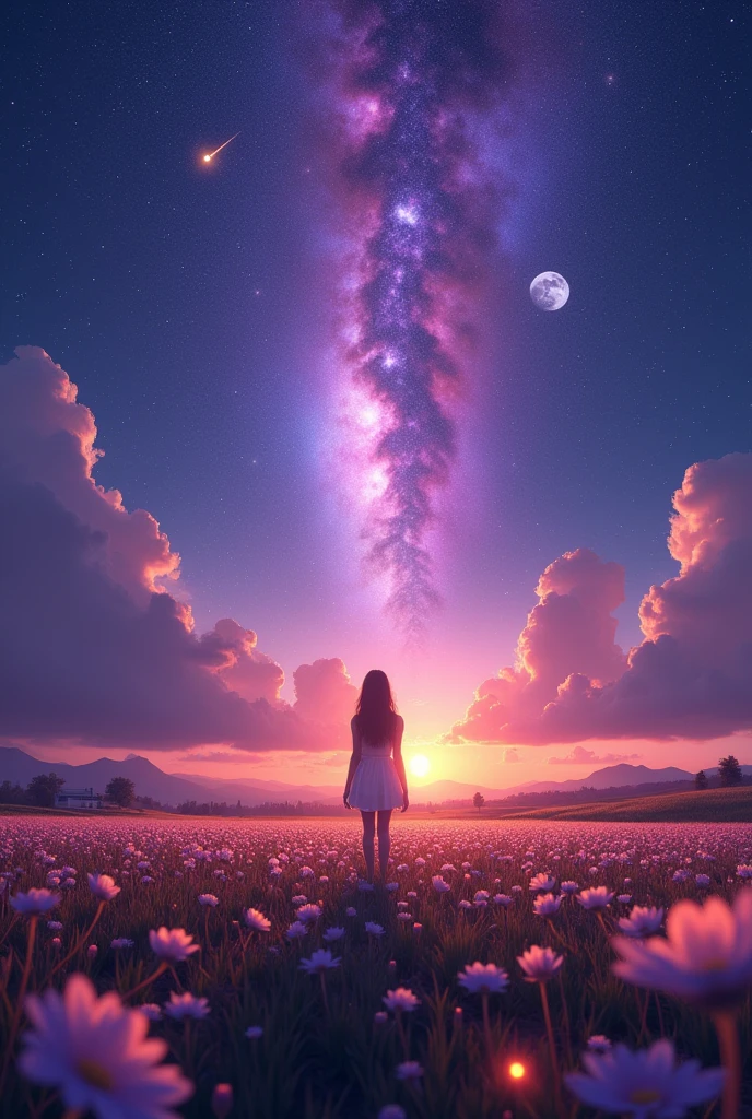 expansive landscape photography , (A view showing the sky and wide fields), Girl standing in a flower field and looking up, (full moon:1.2), ( shooting star:0.9), (nebula:1.3), distant mountains, Tree Break Crafting Art, (warm light source:1.2), (firefly:1.2), lamp, There is a lot of purple and orange in it., intricate details, Volumetric lighting BREAK
(masterpiece:1.2), (best quality), 4K, very detailed, (Dynamic configuration:1.4), very detailed, colorful details,( iridescent colors:1.2), (glowing lights, atmospheric lighting), dreamy, magical, (alone:1.2), Some buildings nearby