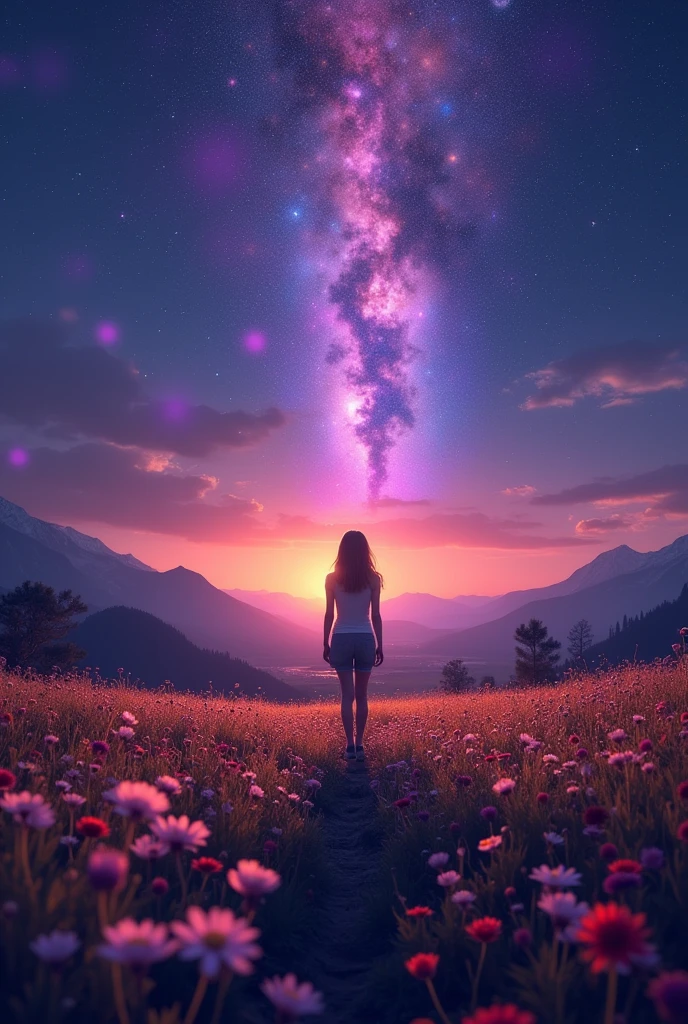 expansive landscape photography , (A view showing the sky and wide fields), Girl standing in a flower field and looking up, (full moon:1.2), ( shooting star:0.9), (nebula:1.3), distant mountains, Tree Break Crafting Art, (warm light source:1.2), (firefly:1.2), lamp, There is a lot of purple and orange in it., intricate details, Volumetric lighting BREAK
(masterpiece:1.2), (best quality), 4K, very detailed, (Dynamic configuration:1.4), very detailed, colorful details,( iridescent colors:1.2), (glowing lights, atmospheric lighting), dreamy, magical, (alone:1.2), Some buildings nearby 