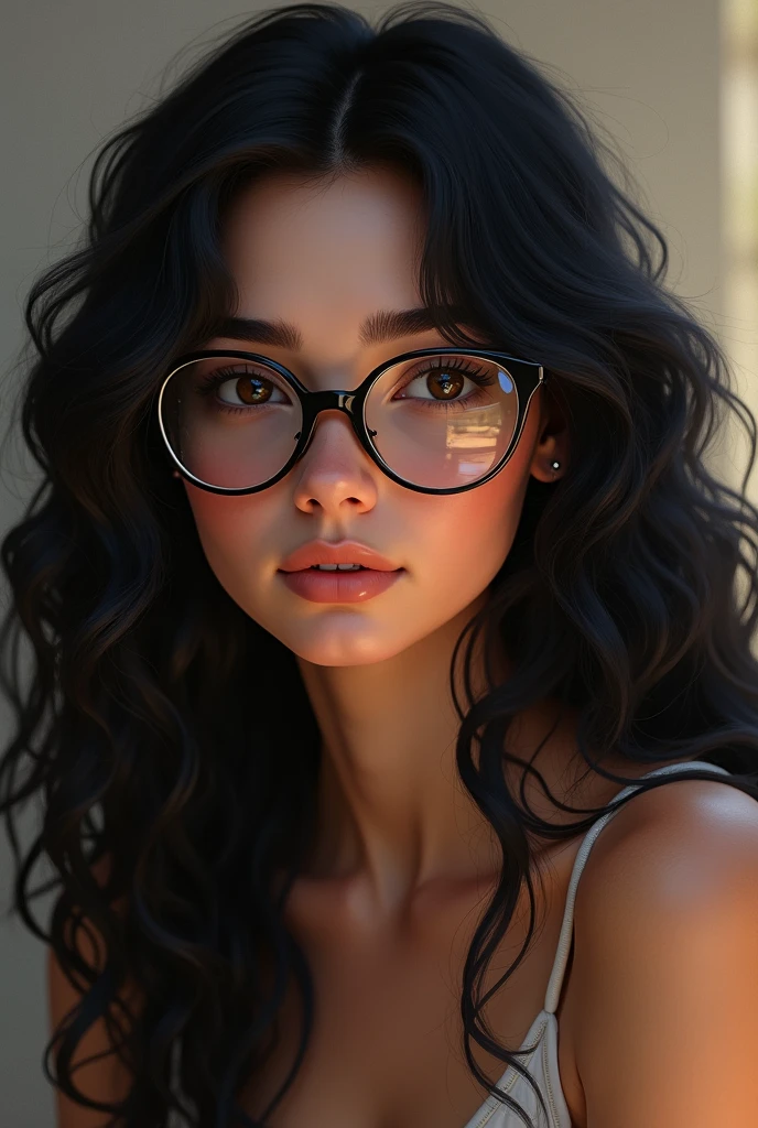 Girl with glasses, black curly hair
