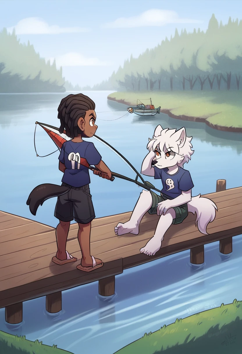 1boy, 7 year old, small, young, dark skin, African American, Brown eyes, Black Coiley hair, Kinky hair, Short Dreadlocks, Black Wolf ears on character's head, Black Wolf tail, Blue t-shirt, Black shorts, Flip flops, Perfect hands, full body portrait, looking towards the fishing rod, Looking at the water, masterpiece, high resolution, ultrasharp, 8k full body commission for, thick tail, commission for high res, full body picture, casual pose, wolf boy, strong fishing pose, sitting at the edge of a pier, Fishing with a fishing rod in hand, Fishing on a lake, With fishing line in the rod, perfect feet, Perfect pose, perfect view, Proper looking feet.