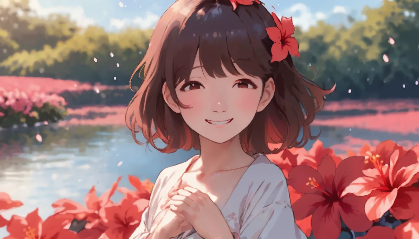 photoRealstic、Stand in front of the photo、laugh face、Water droplets on the cheeks、kawaii pose、spreading arms widely、Flowing Red Silk、bustup、Hibiscus petals、Blurring、brown haired、blue-sky、depth of fields、season!!: 夏☀ 🍂 ハイビスカス