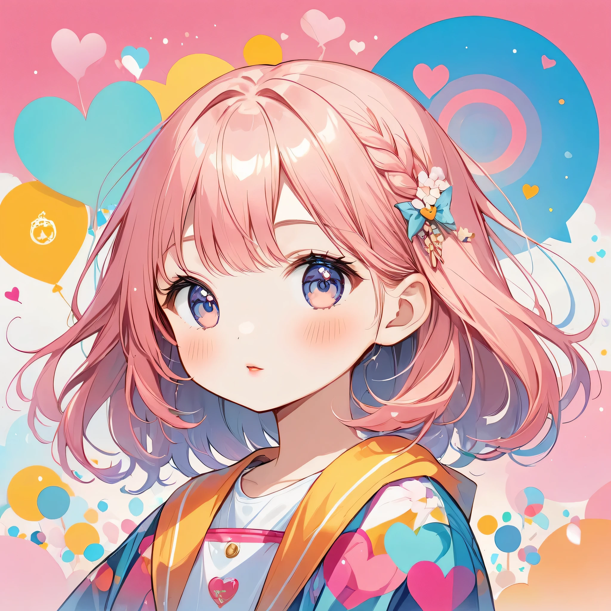 Makoto Shinkai pastel color style, Simple Line Initialism,Abstract art,Urban Background, (((The most beautiful girl of all time))), chibi, Sweet face. Lips in love, colorful hearts, (((logo design)))
