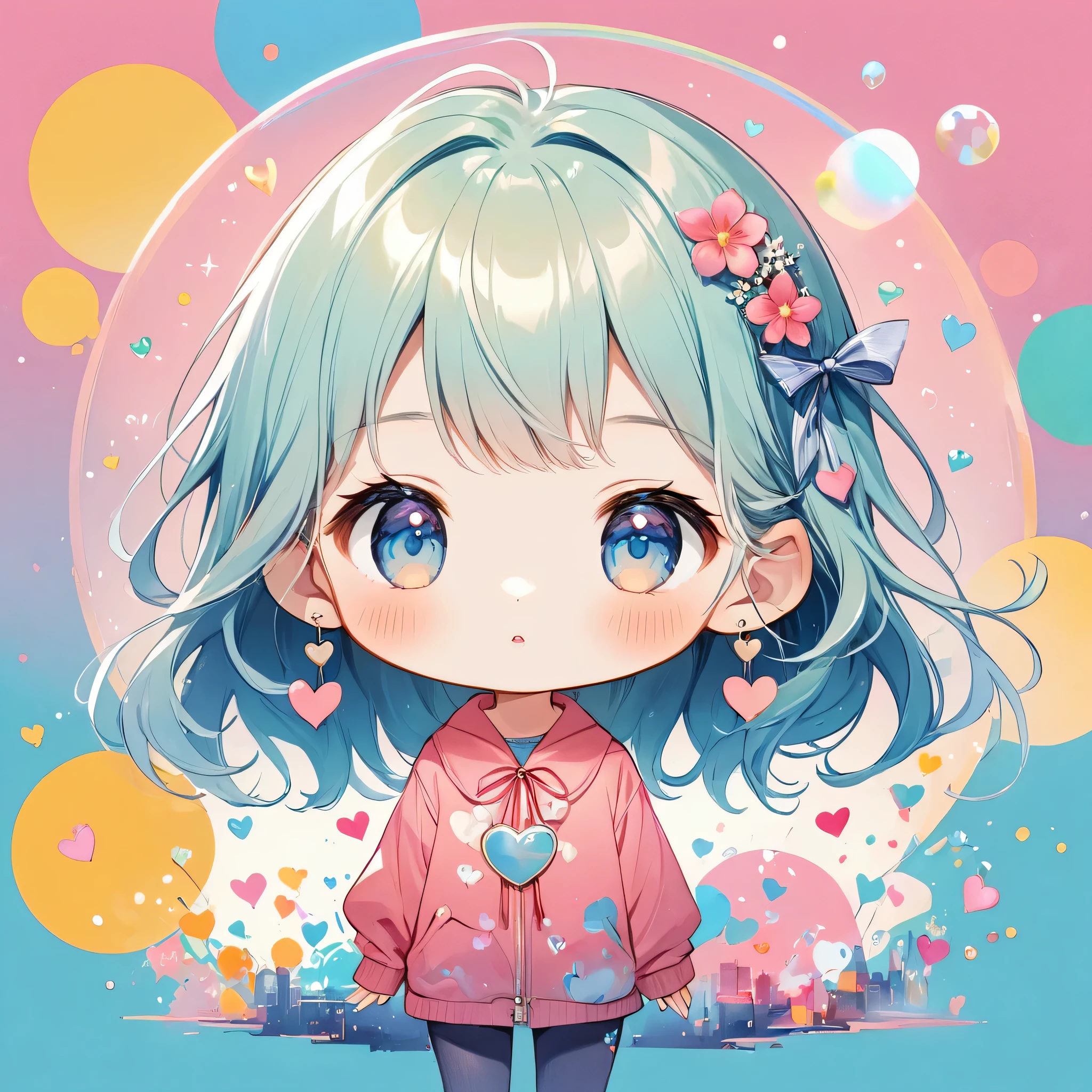 Makoto Shinkai pastel color style, Simple Line Initialism,Abstract art,Urban Background, (((The most beautiful girl of all time))), chibi, Sweet face. Lips in love, colorful hearts, (((logo design)))