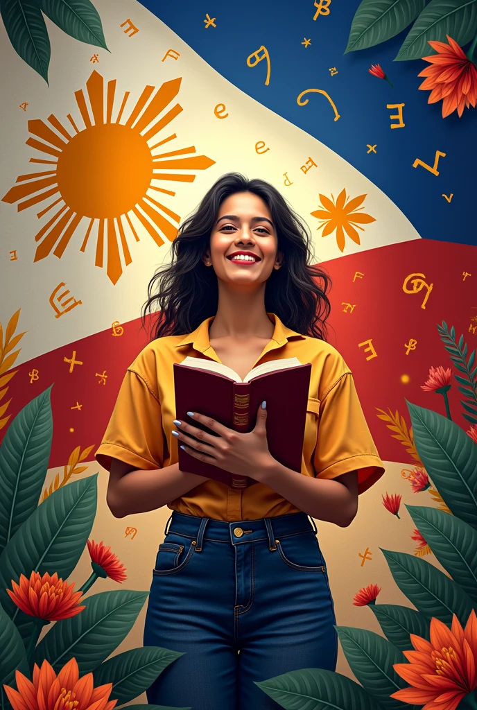 Filipino person holding a book with the Filipino flag in the background, surrounded by Baybayin script and cultural symbols, with the theme "Filipino: Wikang Mapagpalaya" in bold, patriotic colors.