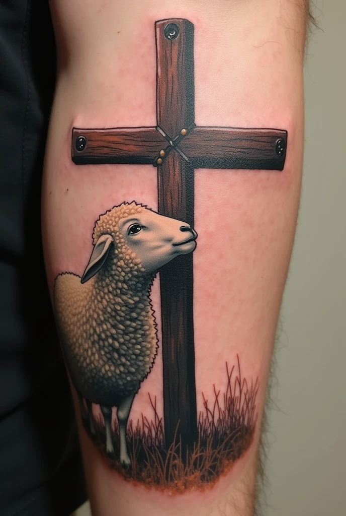 A tattoo of a sheep looking at the cross of Christ 
