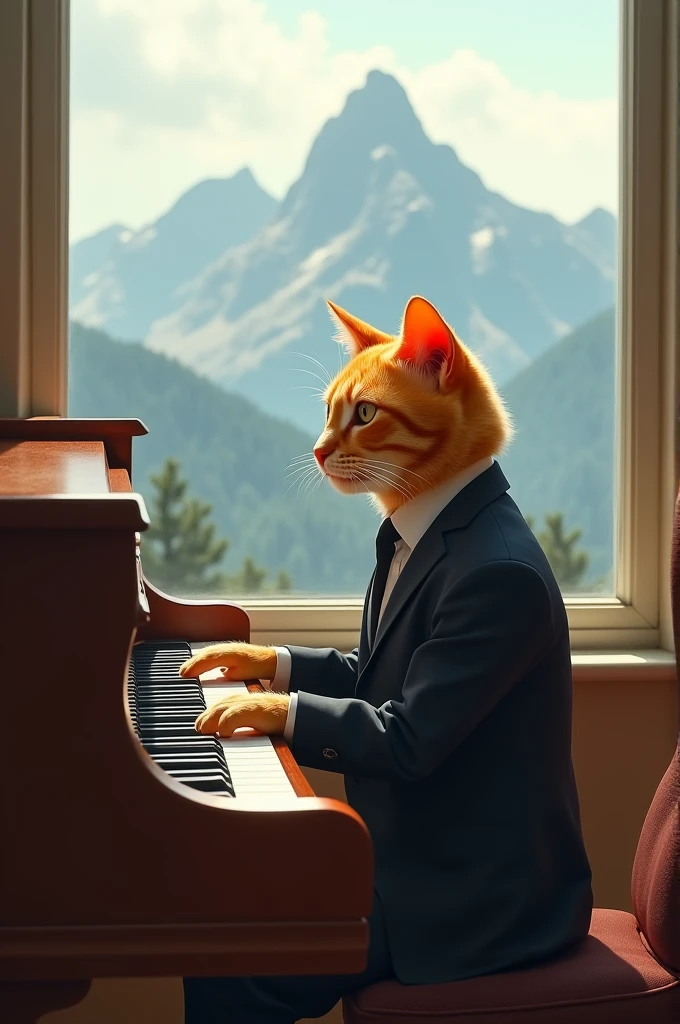 Orange cat playing piano in front of a window that looks at the dreamy mountain,He is dressed in urban but formal clothing,is a pianist cat...