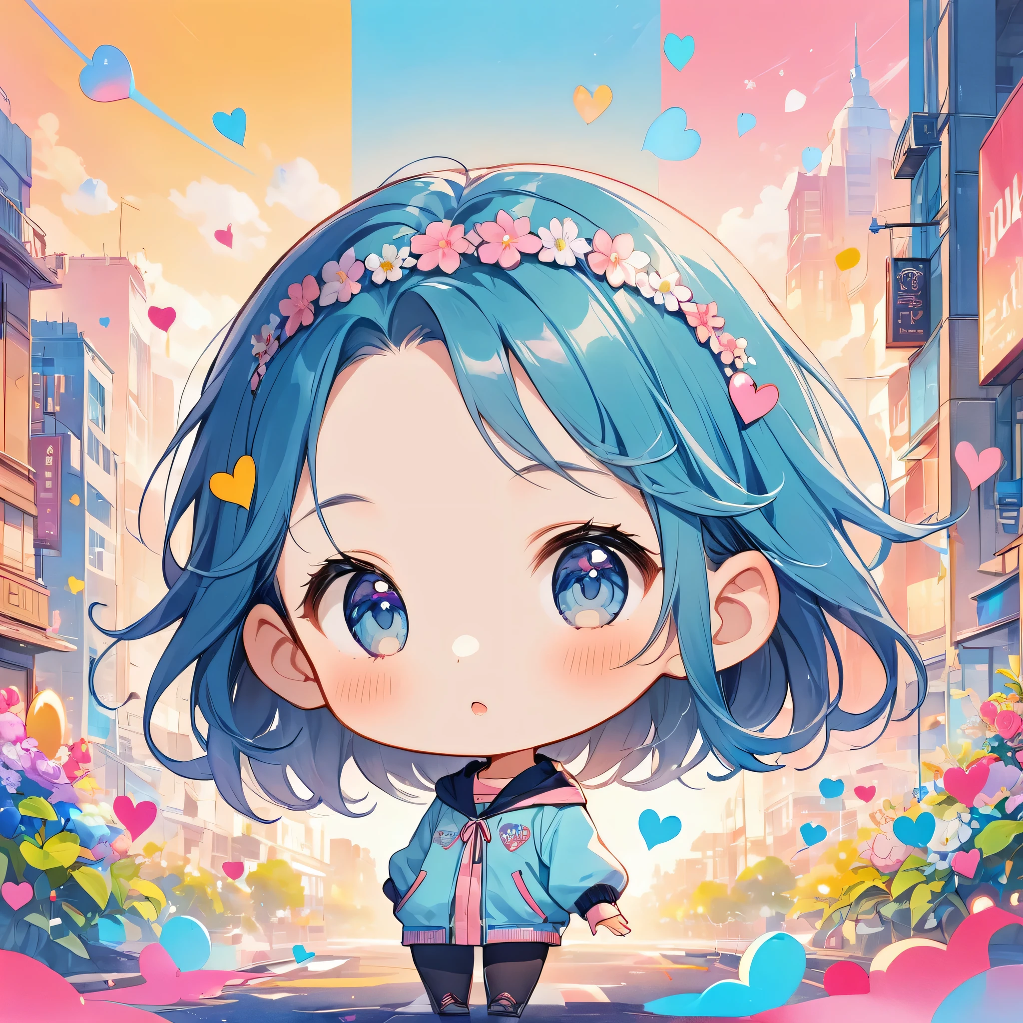 Makoto Shinkai pastel color style, Simple Line Initialism，Abstract art，Urban Background, (((The most beautiful girl of all time))), chibi, Sweet face. Lips in love, colorful hearts, (((logo design)))