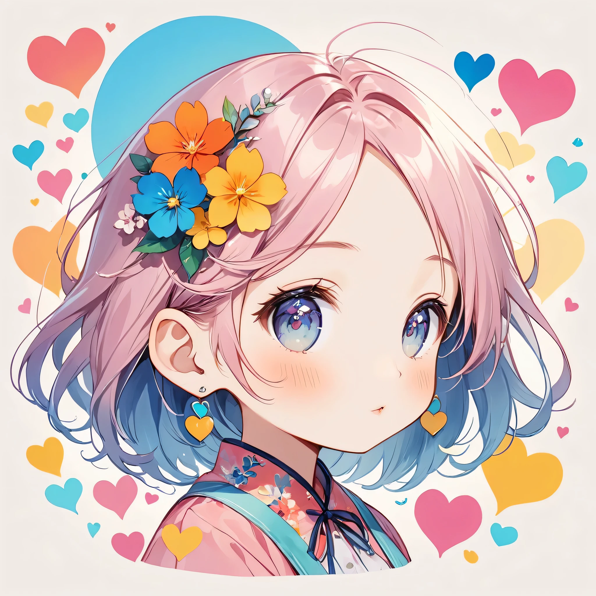 Makoto Shinkai pastel color style, Simple Line Initialism,Abstract art,Urban Background, (((The most beautiful girl of all time))), chibi, Sweet face. Lips in love, colorful hearts, (((logo design)))