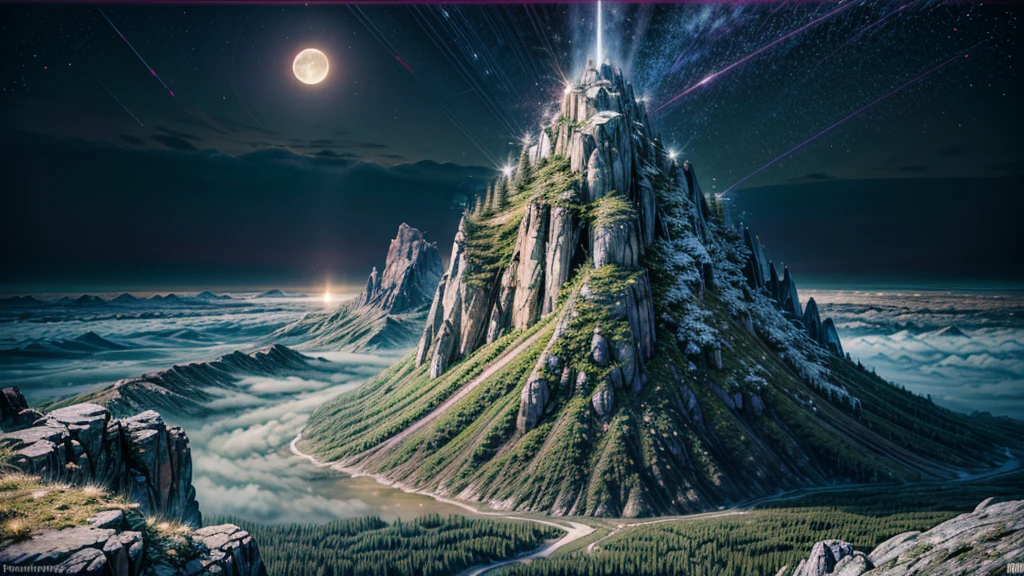 (Logo, Amazing, 8K, Tabletop, Raw Photo, Amazing, Top Quality, Photorealistic and Highly Detailed, CG, High Quality, Highly Detailed, Narrative Verse, Particle Effects, Dynamic Effects, Text Border the depth, bright cinematic lights, flares, sparks, glowing, raytracing, tabletop, realistic, ultra HD, fantasy), the wind, the beauty and brilliance of tall dramatic mountains and forests, the serenity and beauty of the world's grasslands and vast forest lands, Lakeside, wonderful scenery, beautiful natural scenery, night, starry sky, nebula, constellation, full moon, space, gorgeous, view, water, constellation, wonder, fantastic, meteor, magic, best illumination, best shadow
