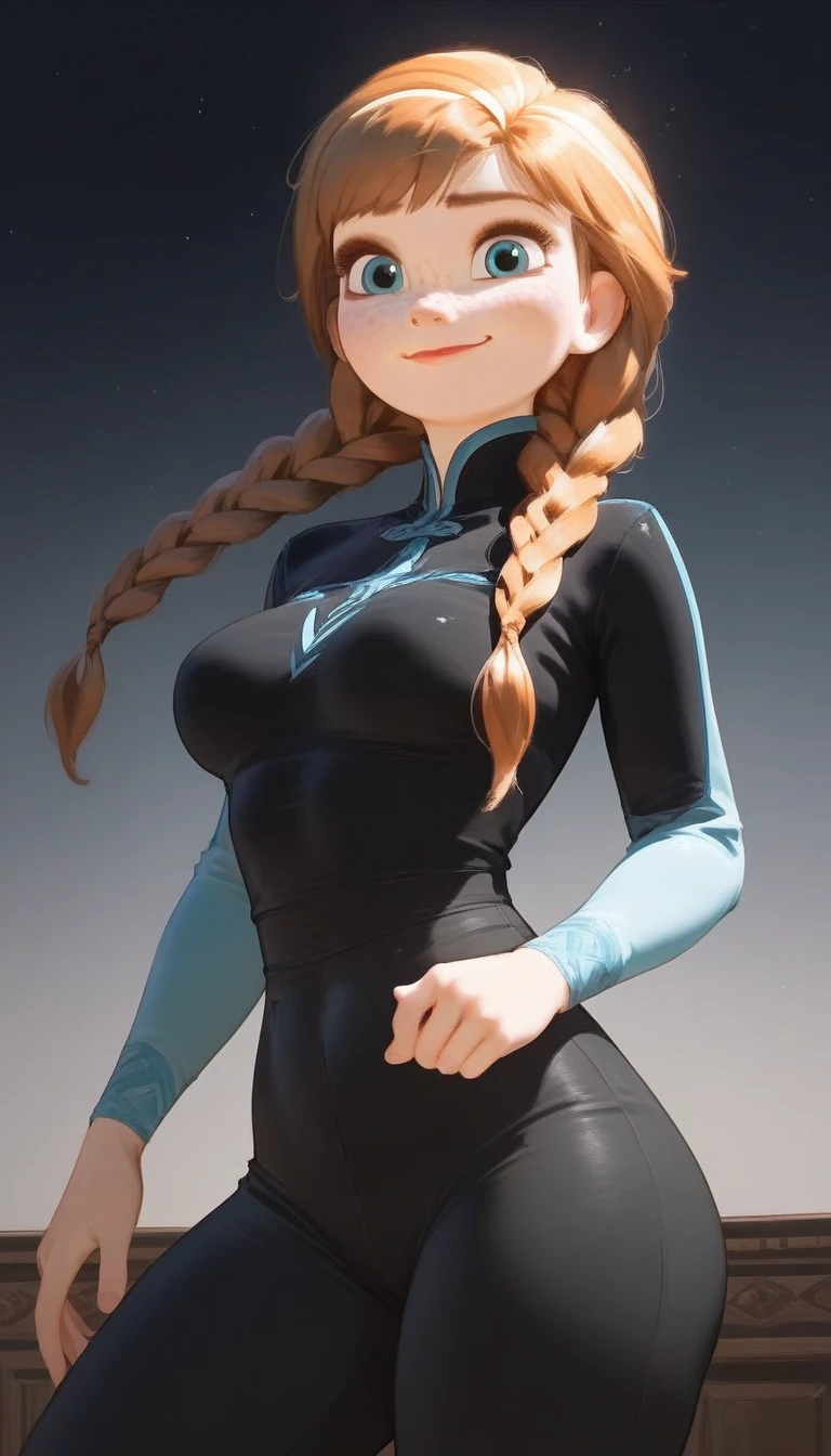 score_9,score_8_up,score_7_up,score_6_up,score_5_up,score_4_up,1girl, (anna frozen, twin braids), cute smile, freckles,black shirt, black tight pants, breast focus, medium breasts, in dark room, dynamic angle
