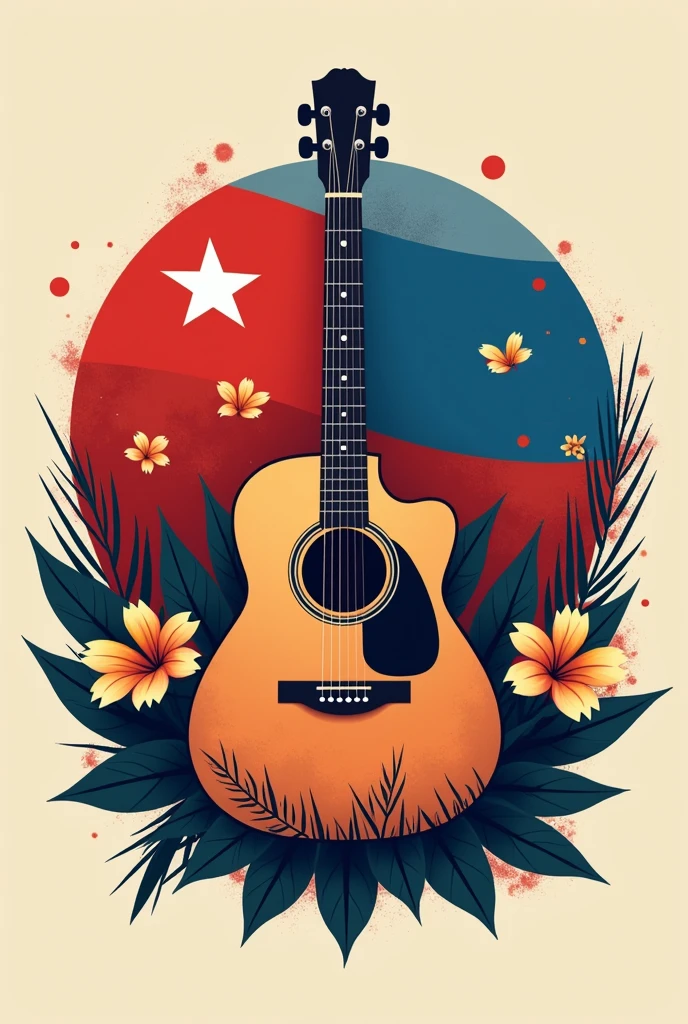 I need a logo that says > (It is the most important and main part of the logo), with the Chilean flag waving in the background and musical context, specifically acoustic guitar.  Also with Copihues (national flower of Chile)