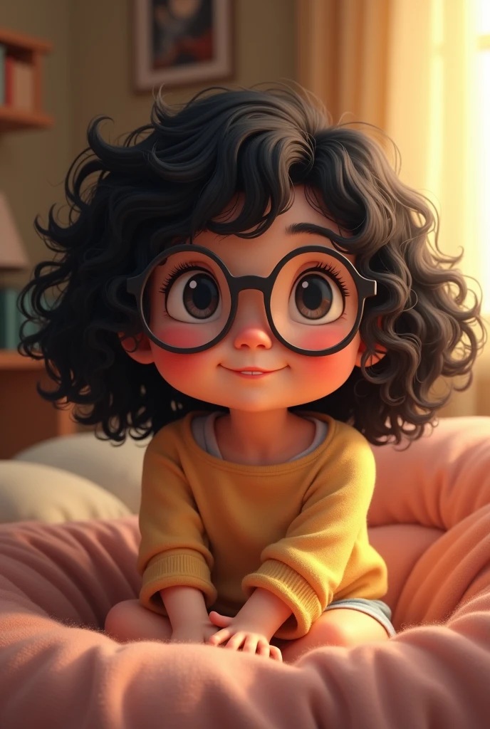 Girl with glasses, black curly hair, chubby girl,