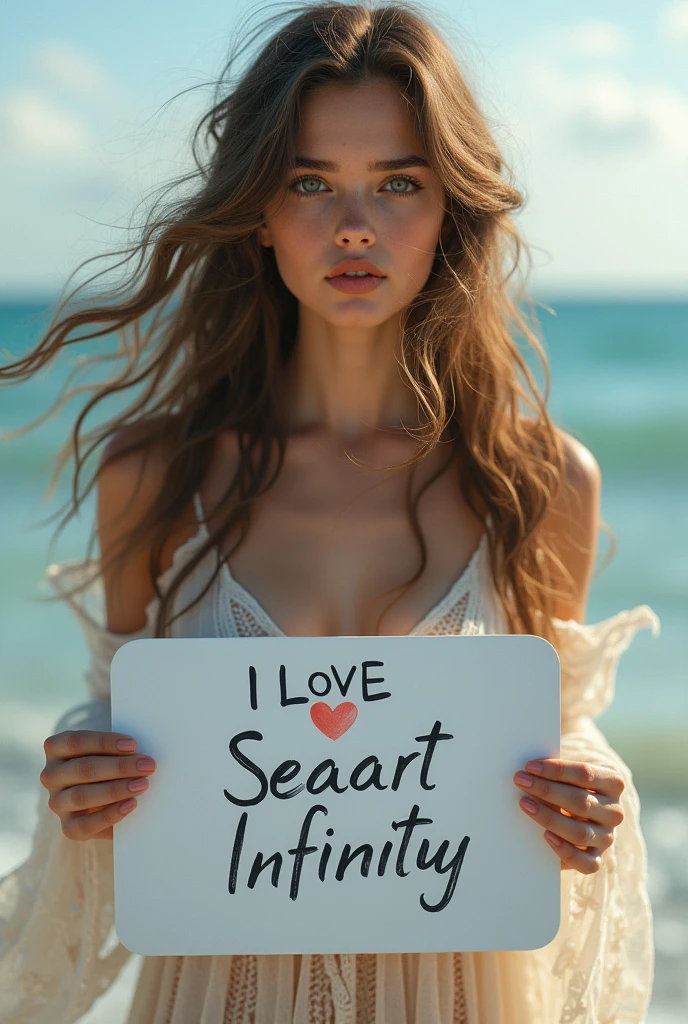 Beautiful girl with wavy long hair, bohemian dress, holding a white board with text "I Love Seaart Infinity" and showing it to the viewer
