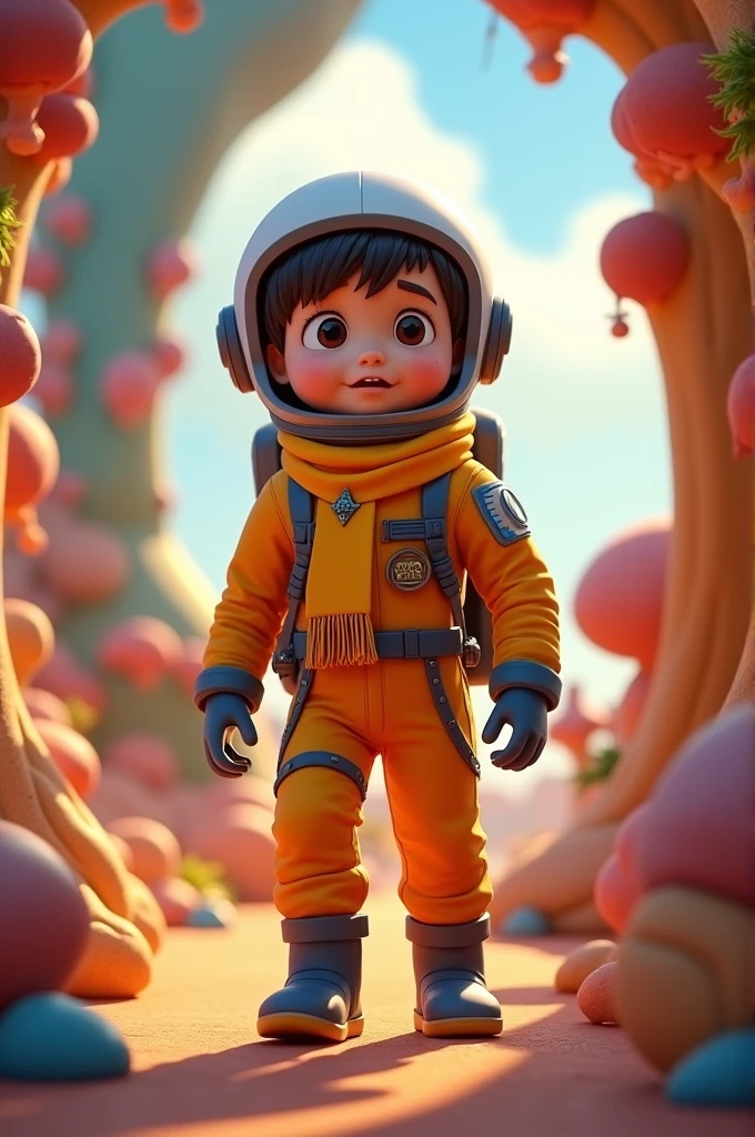 Teenage astronaut with yellow scout scarf exiting spaceship in the middle of the Pixar universe
