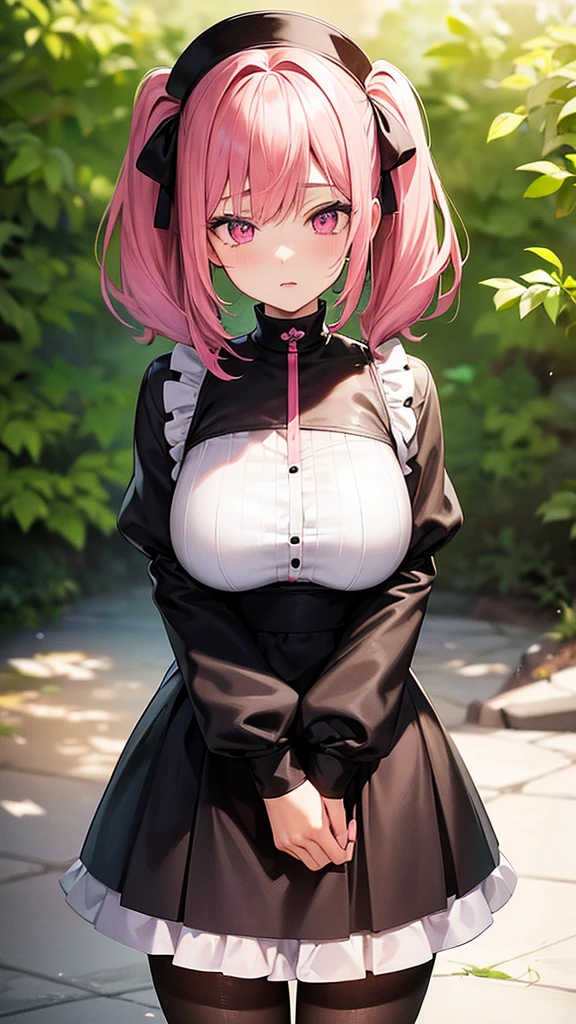 (Highest quality,High resolution,Very detailed,girl)black tights,Pink Hair,Twin tails and short hair,Height: 160cm,cute,Big Breasts,Pink Eyes,Wearing a black uniform,Her eyes are white and shining,Has bright white eyes,Has a shy look,