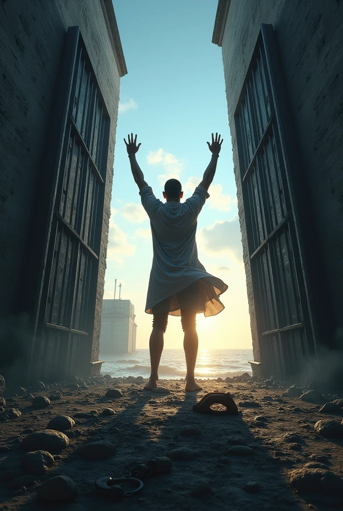 "An inspiring figure of a person rising from a dark and oppressive environment, where chains and handcuffs are visibly broken. Ao fundo, a radiant light represents hope and freedom, with open cell doors and a clear sky in the distance. The scene conveys a sense of transformation and empowerment, with a focus on the central figure that symbolizes leadership and a new beginning."