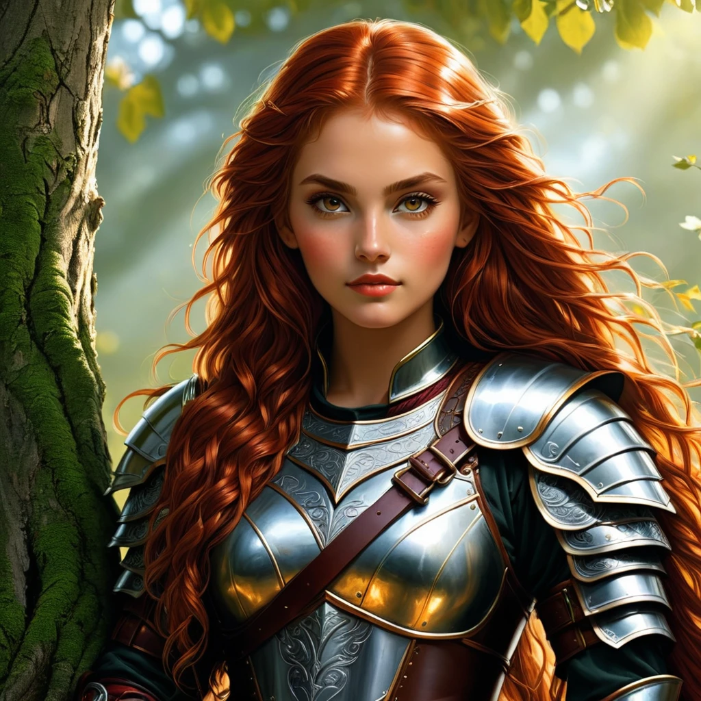 an image Nayane Laura Menequel XX weeks 13, a beautiful young woman with a friendly warrior appearance, detailed light honey eyes, long red hair, wearing leather armor sitting on a tree