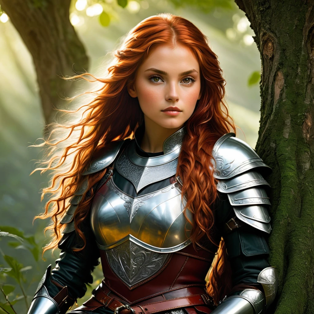 an image Nayane Laura Menequel XX weeks 13, a beautiful young woman with a friendly warrior appearance, detailed light honey eyes, long red hair, wearing leather armor sitting on a tree