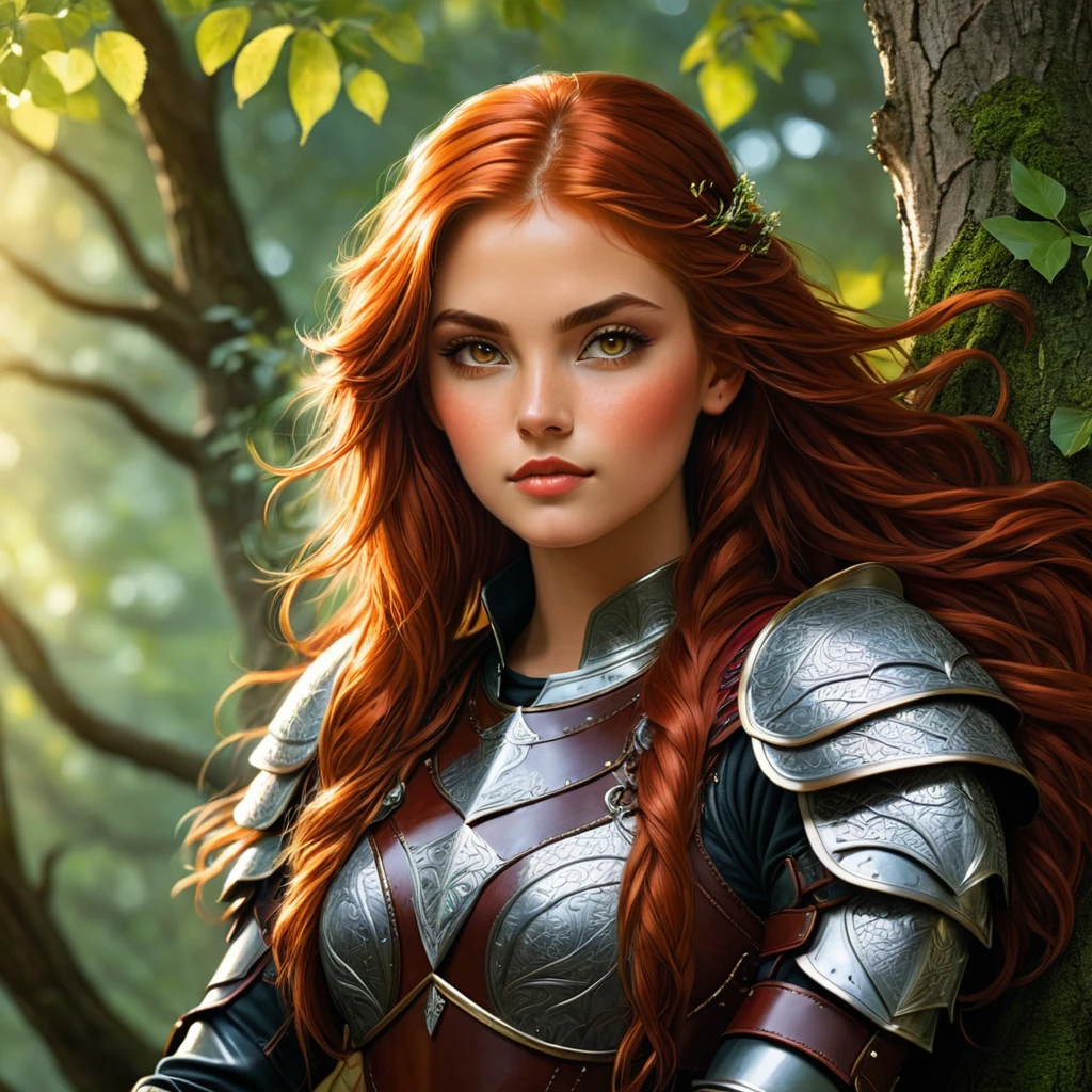 an image Nayane Laura Menequel XX weeks , a beautiful young woman with a friendly warrior appearance, detailed light honey eyes, long red hair, wearing leather armor sitting on a tree